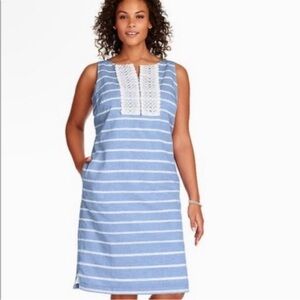 Talbots Linen Blend Chambray Blue & White Striped Sleeveless Shift Dress size 2